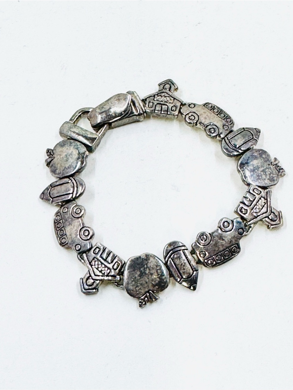 Silver Tone Teachers Charm Bracelet School House Apple Pencil Bus 7.5”